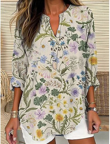  Damen Bluse Blumen Grafik Elegant Stilvoll Langarm V Ausschnitt Normale Oberteile Täglich Ferien Druck Purpur Grün Beige Sommer Frühling