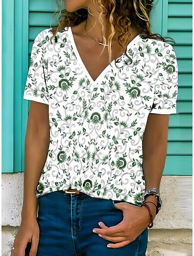  女性用 Tシャツ フラワー グラフィック 植物 ボヘミア ヴィンテージ スタイリッシュ 半袖 Ｖネック レギュラートップス 日常 お出かけ 週末 プリント ライトグリーン ピンク グリーン 夏