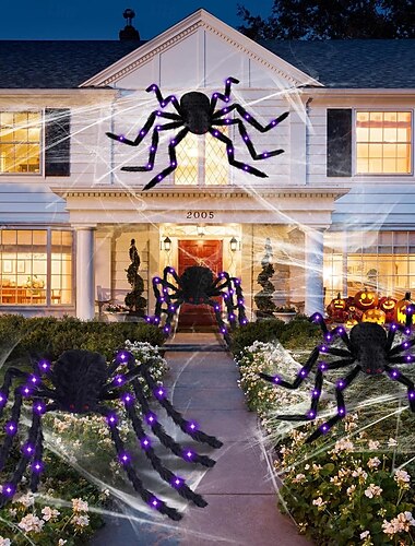  ハロウィーンの飾り蜘蛛、LEDの紫色のライト付き、屋外のハロウィーン蜘蛛の飾り、庭、家、パーティーの不気味な装飾用の黒い毛むくじゃらの怖いリアルな蜘蛛の小道具