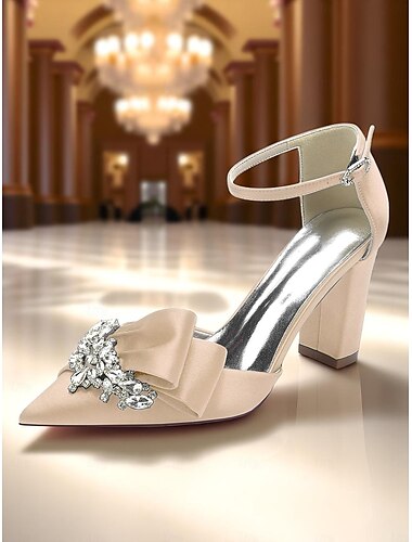  Damen-Pumps mit Blockabsatz aus Satin mit Kristallschleife und Strass-Detail, spitze High Heels für gehobene Partys und Cocktailveranstaltungen