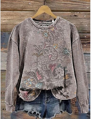  Mujer Sudadera Floral Cálido Vintage occidental Manga Larga Cuello Barco Tops regulares Hogar Calle Uso Diario Estampado Blanco Gris Oscuro Azul Piscina Verde Trébol Gris Verano Primavera Otoño