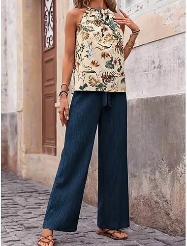  Damen Mode Streetwear Täglich Hosen-Sets Ärmellos Neckholder Blumen Druck Lässig Täglich Marineblau Königsblau Blau Sommer Normale Passform