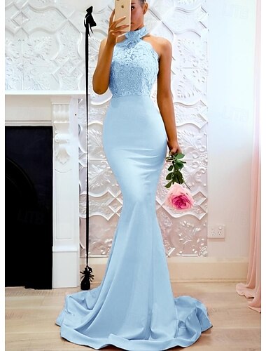  Mermaid / Trumpet Evening Gown Elegant Dress Formal Evening Party Court Train Sleeveless Halter Neck Satin with Buttons Slit