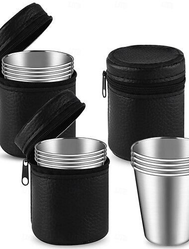  70 ml rustfritt stålkopper med oppbevaringspose Drikkekopper i rustfritt stål, stabelbare vannglass til bar, hjemme, reise, kontor, utendørs, camping, 4 stk./sett, oppvaskmaskinsikker