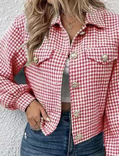  Damen Freizeitjacke Bequem Tasche Knöpfe Mode Hahnentrittmuster Outdoor Urlaub Ferien Ausgehen Einreihig Regulär Umlegekragen Normale Passform Langarm Oberbekleidung Schwarz Rote Himmelblau Herbst