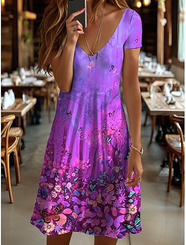  Damen Minikleid T-Shirt-Kleid Sommerkleid A Linie Kleid Urlaub Lässig Strand Strand Normale Passform Ombre Blumen Grafik Kurzarm V Ausschnitt Gelb Rote Blau Purpur Sommer