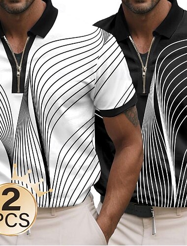  גברים 2 יחידות קו גיאומטרי רוכסן פולו שרוולים קצרים טורקיז קז'ואל יומי מודרני אתלטי קז'ואל יומי רוכסן קיץ שחור לבן
