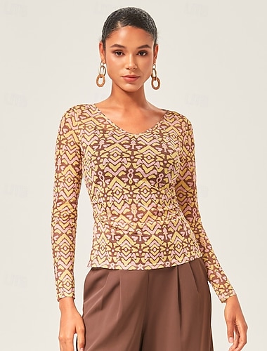  Per donna Femminile Camicia di fondo Geometrico Casuale Manica a Vescovo Marrone Manica Lunga Elegante Bohemien Moderno Girocollo Estate Autunno Interstagionale