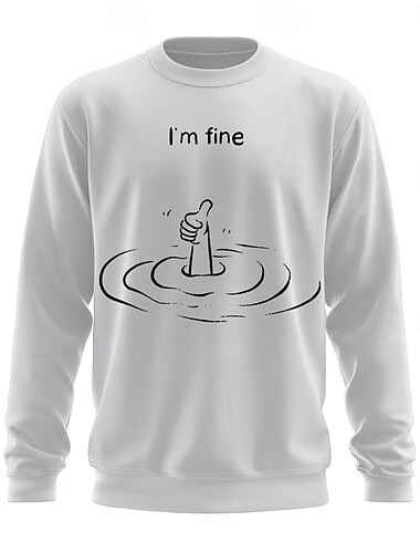  Mens Red Crew Neck Sweatshirt with Funny Drowning Thumbs Up 'I'm Fine' Graphic