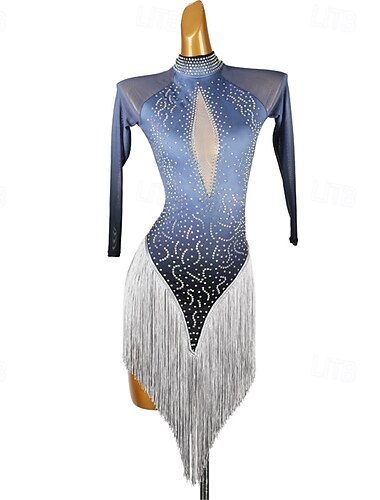  Latein-Tanzkleid für Damen, Wettbewerb, Salsa, Quastenkleid, Langarm, Rumba, Cha-Cha, Party, Tanzbekleidung, Performance-Kostüme