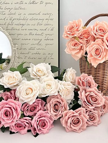  Ramo de rosas artificiales de 7 cabezas, rosas capuchino vintage con pétalos rizados, flores artificiales para arco de boda, centro de mesa, decoración del hogar
