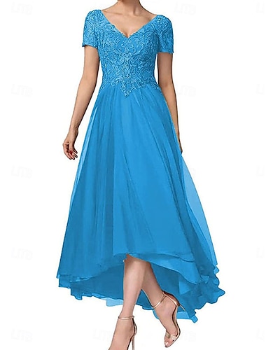  A-Linie Brautmutterkleid Elegant V Ausschnitt Asymmetrisch Chiffon Kurzarm mit Einfarbig 2025