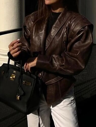  Damen Kunstlederjacke Warm Bequem Schnürung Tasche Mode Outdoor Einfach Straße Alltagstauglich Regulär Umlegekragen Normale Passform Langarm Oberbekleidung Schwarz Braun Herbst Winter
