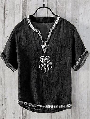  Herren Hemd Leinenhemd Popover-Hemd Freizeithemd Baumwollhemd Wikinger Urlaub Hawaiianisch Schwarz Kurzarm V Ausschnitt Sommer Frühling Bekleidung Druck