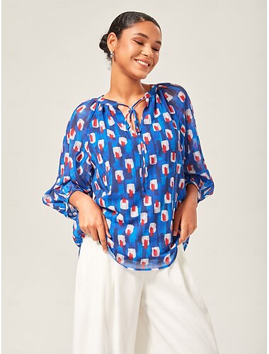  Per donna Femminile Camicia casual Astratto Casuale Manica a Vescovo Blu Manica Lunga Elegante Bohemien Vacanza Colletto a Camicia Estate