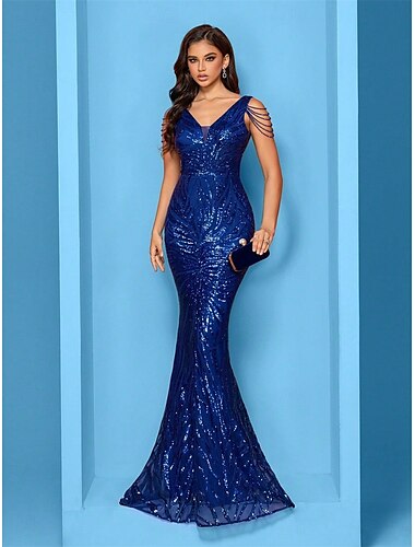  فستان م Mermaid  Trumpet لل Quinceanera أنيق رسمي زفاف بطول الأرض بلا أكمام ياقة على شكل V مزخرف بالخرز
