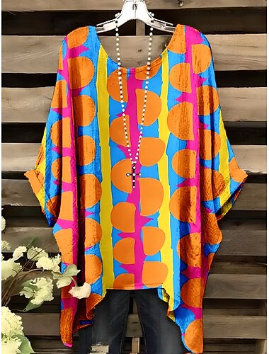  Damen Bluse Grafik Geometrisch Elegant Vintage Täglich Kurzarm Fledermaus Ärmel Rundhalsausschnitt Normale Oberteile Täglich Ferien Urlaubskleidung Gelb Rosa Orange Grün Sommer Frühling