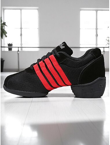  Schwarze Mesh-Tanz-Sneaker für Damen – leichte, atmungsaktive Jazz- und Hip-Hop-Übungsschuhe mit roten Streifen für Fitness und Performance