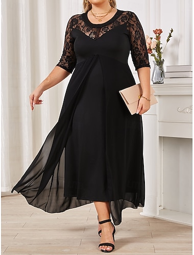  Damen Übergröße schwarzes kleid Einfarbig Rundhalsausschnitt Halbarm Sommer Frühling Elegant Midikleid Party Kleid