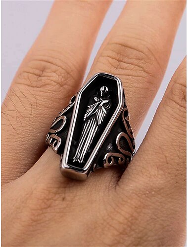  Gothic-Sargring aus Titanstahl für Herren – Statement-Schmuck für Halloween-Partys im Vintage-Stil mit Skelett-Design für Cosplay und Retro-Mode
