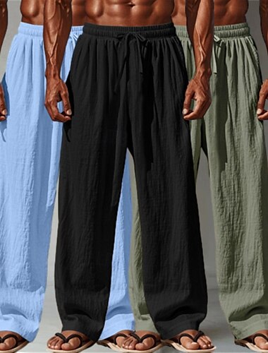  Herren Leinenhosen Hose Sommerhose Baggy-Hosen Strandhose Kordelzug Elastischer Bund Gerader Schnitt Einfach Komfort Atmungsaktiv Volle Länge Outdoor Lässig Täglich Urlaub Mode Weiß + Schwarz + Grau