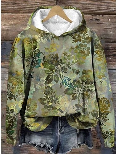  Damen Kapuzenpullover Blumen Elegant Warm Vintage Langarm Mit Kapuze Normale Oberteile Straße Alltagskleidung Druck Rote Blau Grün Frühling Herbst Winter