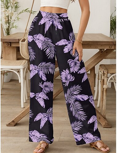  Damen Weite Hosenbeine Weites Bein Chinos Urlaub Vintage Mode Volle Länge Hohe Taille Grafik Blatt Elastischer Bund Drucken Atmungsaktiv Weich Mikroelastisch Formell Urlaub Straße gelbbraun Violett