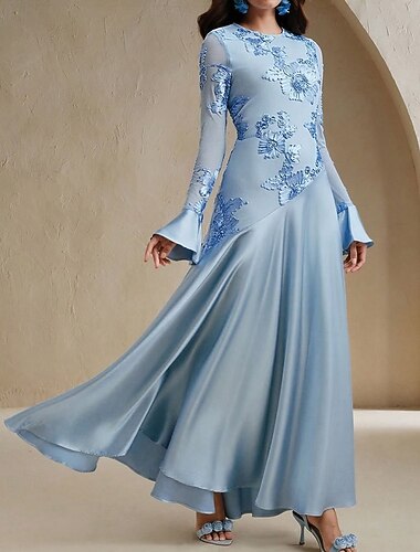  Δαντέλα Ρίσκο Α-Γραμμή Βραδινό Φόρεμα Elegant Φόρεμα Επίσημο Γάμο Δαπέδου Μήκος Μακρύ Μανίκι Crew Neck Stretch Υλικό