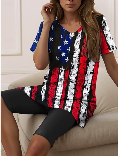  Unabhängigkeitstag Frauen Patriotische Vierte Juli Vintage Stilvolle Zweiteilige Sets T-Shirt Shorts Sets Kurzarm V-Ausschnitt Grafischer Druck Täglich Wochenende Schwarz Rot Blau Sommer Reguläre