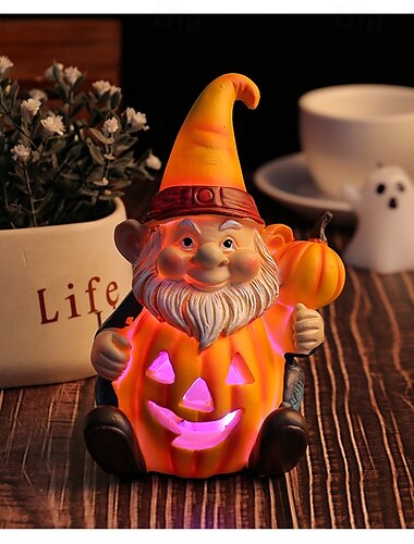  halloweeni tök törpe gyanta figura, világító tök idős törpét tartva, újdonság udvari dekoráció, világító gyantából készült kézműves szobor