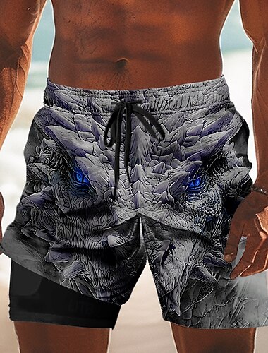  Miesten Eläin Lohikäärme 3D Vuoratut shortsit 2 in 1 uimashortsit Uimashortsit Keskivyötärö Tumma goottilainen tyyli Pyhäpäivä Sivutaskut Compression Linerin kanssa Joustava kiristysnyöri vyötäröllä