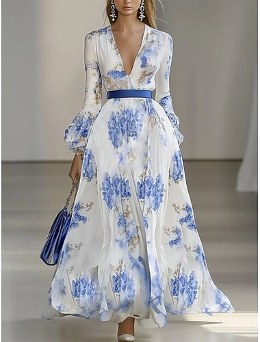  Per donna Abito maxi Abito a trapezio Abito aderente e svasato Casual All'aperto Uscire Vestibilità regolare Floreale Manica Lunga Scollo a V Blu Estate