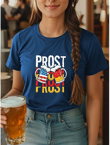  Oktoberfest Naisten T-paita Kuvitettu Kirjain Vintage Tyylikäs Klassinen Lyhythihainen Tiukka pyöreä kaula-aukko Tavalliset topit Päivittäin Viikonloppu Painettu Musta Viini Sininen Apila Kesä Kevät