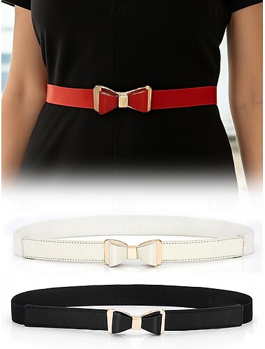  Cinturón elástico con lazo para mujer: cinturón de vestir de piel sintética con hebilla de metal, elegante y fino para oficina, fiestas o atuendos formales.
