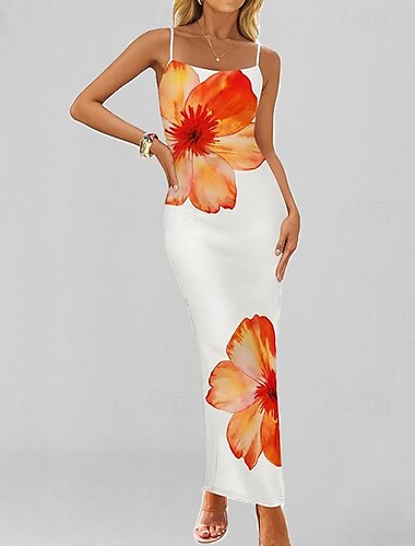  Dames Maxi-jurk Slipdress Vakantie Verjaardag Casual Dagelijks Feestdagen Afspraakje Normale pasvorm Bloemig Grafisch Mouwloos Spaghettibandjes Licht Blauw Oranje print Blozend Roze Koningsblauw