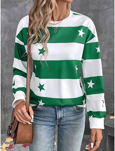  Damen Pullover Sweatshirt Grafik Gestreift Vintage Mode Lässig Langarm Rundhalsausschnitt Normale Oberteile Straße Alltagskleidung Lässig Druck Schwarz Blau Grün Khaki Frühling Herbst Winter