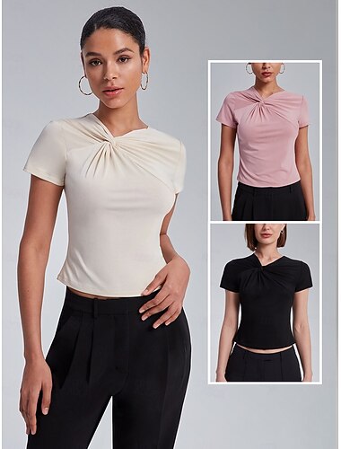  Γυναικεία Συμπαγές Χρώμα Δουλειά Αθλήματα & Ύπαιθρος Καθημερινή Ένδυση Σκουφί Μαύρο Ανθισμένο Ροζ Μπεζ Στριφτό Στενή Εφαρμογή Κοντομάνικο Μοντέρνα Καθημερινά Καθημερινάρούχα Λαιμόκοψη V Άνοιξη