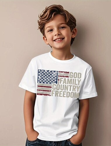  アメリカ独立記念日 男の子 3D フラッグ Tシャツ Ｔシャツ 半袖 夏 春 ファッション ベーシック 子供 4〜12年 クルーネック アウトドア カジュアル 日常 レギュラー
