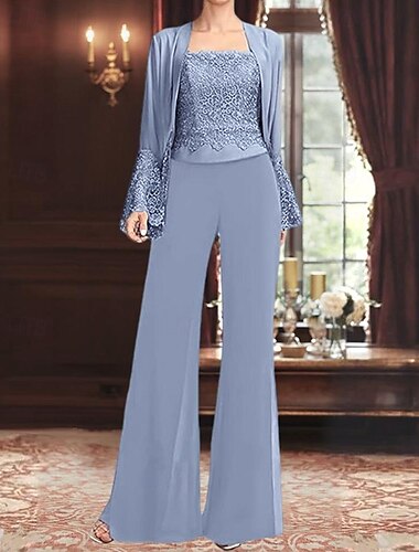  Jumpsuit / Hosenanzug 3-teiliger Hosenanzug für die Mutter der Braut, eleganter Vintage-Hosenanzug, schlichter quadratischer Ausschnitt, bodenlang, Chiffon-Satin, lange Ärmel mit Spitze, 2025