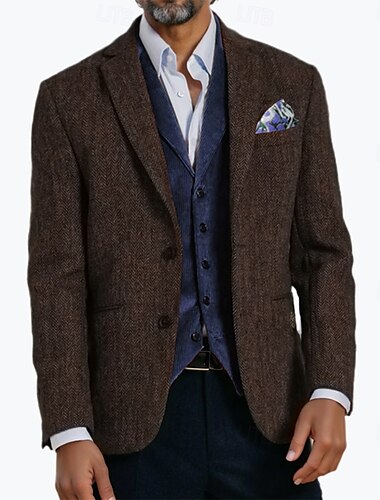  Blazer en tweed pour homme, veste blazer à chevrons, marron, rétro, vintage, classique, coupe standard, simple boutonnage, deux boutons