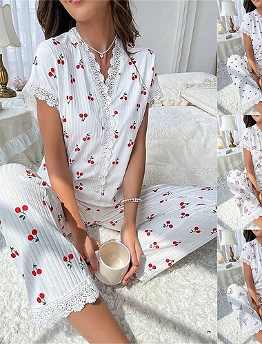  Mujer Conjunto pijama Casual Confort Floral Mariposa Retazos Cintura elástica Camisa Pantalón Hogar Diario Manga Corta Escote en Pico Rosa Claro Blanco Rosa Rojo Verano Primavera Ajuste regular