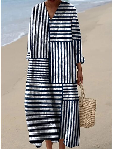  Damen Midikleid Sommerkleid A Linie Kleid Urlaub Lässig Strand Ausgehen Grafik Geometrisch Langarm V Ausschnitt Gelb Rote Blau Sommer Frühling