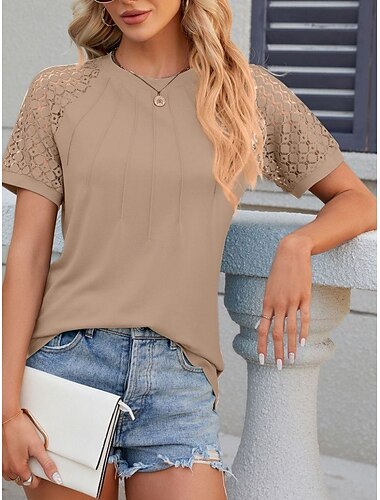  Damen T Shirt Einfach Mode Stilvoll Klassisch Kurzarm Rundhalsausschnitt Normale Oberteile Täglich Wochenende Patchwork Weiß Rosa Blau Khaki Sommer