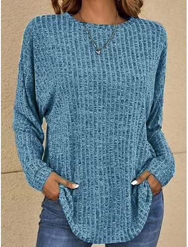  Damen Bluse Einfarbig Basic Lässig Langarm Rundhalsausschnitt Normale Oberteile Täglich Blau Purpur Grau Frühling Herbst