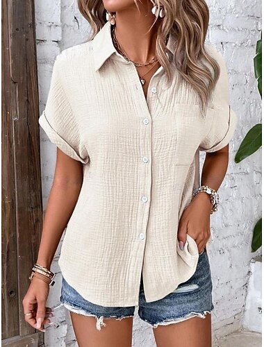  Damen Hemd Einfarbig Vintage Tropisch Stilvoll Kurzarm Hemdkragen Normale Oberteile Arbeit Täglich Marineblau Weiß Hellgrün Aprikose Sommer