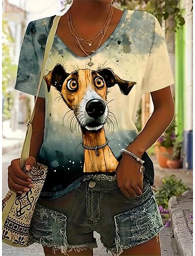  Per donna Maglietta Grafico Animale Cane Vintage Elegante Classico Manica Corta Scollo a V Top Regolari Quotidiano Uscire Weekend Stampato Bianco Giallo Bianco sporco Estate Primavera