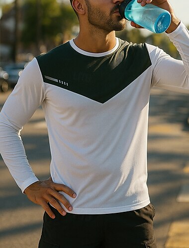  Herren Laufoberteil Laufshirt Langarm T-Shirt Schnelltrocknend Leicht Elastisch Atmungsaktiv Tennis Golfspiel Laufen Sportbekleidung Sportkleidung Farbblock Schwarz Weiß Armeegrün