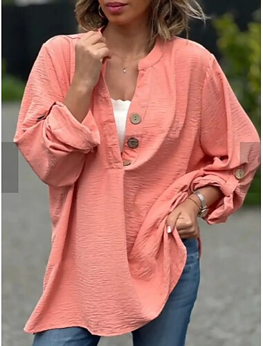  Femmes Chemises en coton et lin Couleur Unie Basique Occasionnel manche longue Col ras du cou Hauts Réguliers Quotidien Boutons Jaune Rose Claire Bleu Été Automne