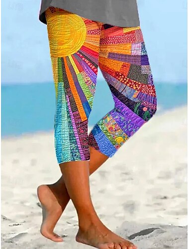 Damen Leggings Capri Pants Hohe Elastizität Urlaub Mode Hawaiianisch Wade-lange Mittlere Taille Grafik Patchwork Druck Atmungsaktiv Weich Urlaub Casual Täglich Regenbogen Sommer Frühling Reguläre