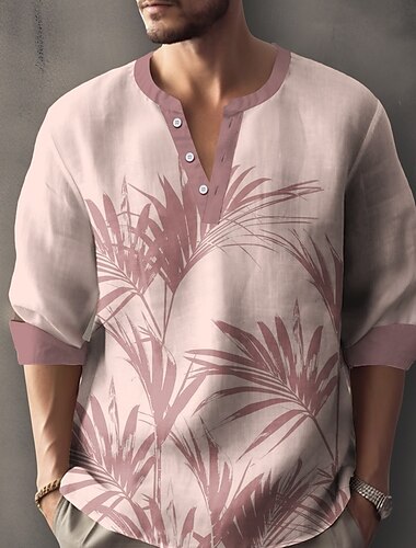  Herren Pflanzen Palmblatt Hemd Henley Hemd Tunika Langarm Lässig Outdoor Urlaub Täglich Sommer Frühling V Ausschnitt Knopf hoch 3D-Druck Leinenähnliches Hemd Rosa Blau Grün